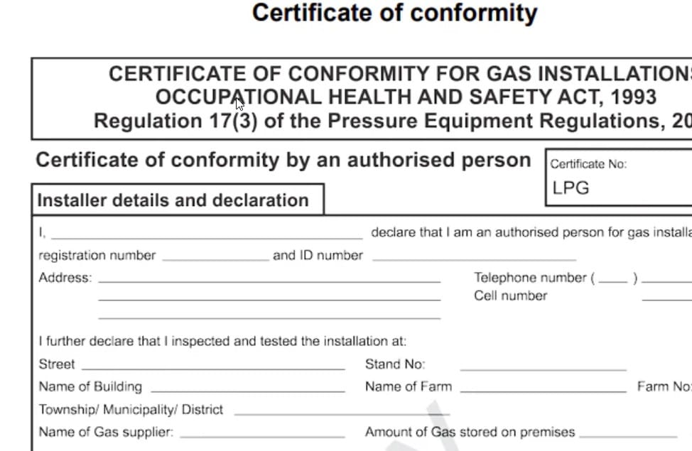 LP gas certificate of conformity Stellenbosch